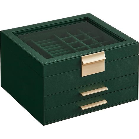 Boîte à bijoux avec couvercle en verre, organisateur de bijoux à 3 niveaux avec 2 tiroirs, rangement pour bijoux (1/5)