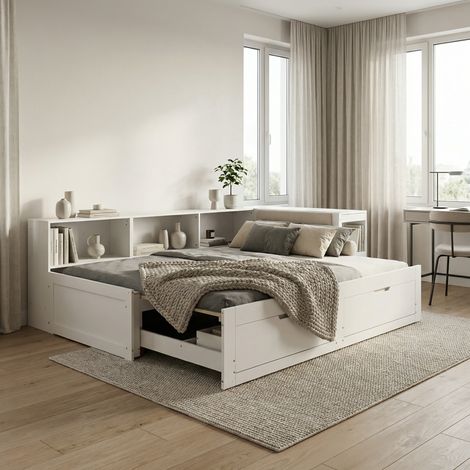 Lit extensible 90x200 cm avec bureau, coin lecture et 2 tiroirs, blanc mat
