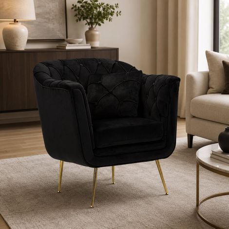 Poltrona Turtuk, con Cojín, Reposabrazos, Estructura Color oro, 88x83x91h cm Negra (1/5)