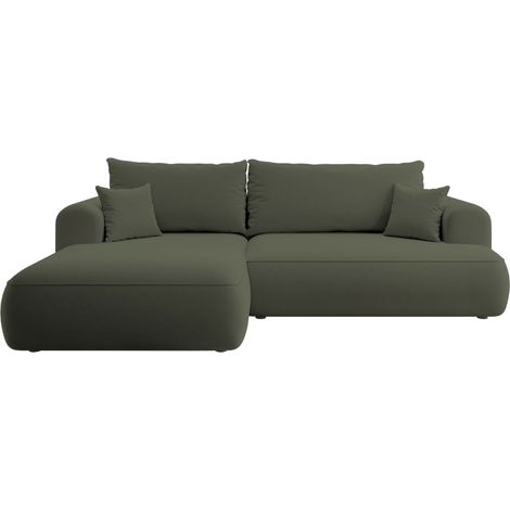 Selsey - Eckschlafsofa Ovo in L-Form aus olivfarbenem Velours mit einem Behälter aus pflegeleichtem Stoff, linke Seite