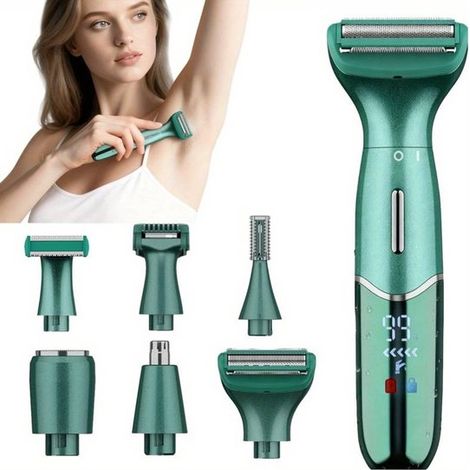 6-in-1 Elektrorasierer für die Intimrasur, schmerzfreie Körperrasur und Gesichtshaarentfernung, Bikinizonentrimmer (grün) (1/5)