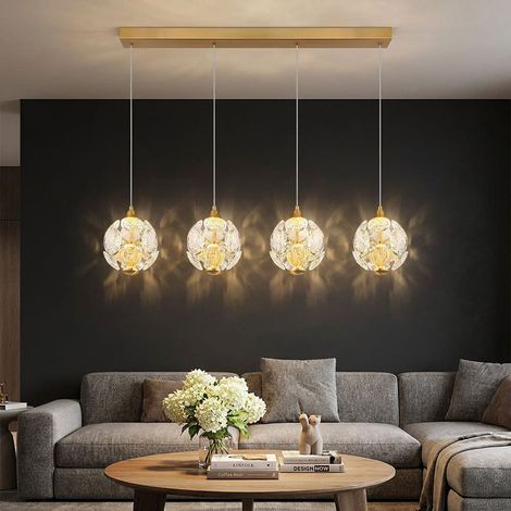 Lampada a sospensione a LED, regolabile in altezza, a 4 luci, color oro, H 150 cm (1/5)
