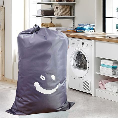 Zylindrischer Wäschebeutel aus Nylon für Reisen und Haushalt – Beutel mit Kordelzug für Schmutzwäsche, Bettwäsche, Bücher und zur Aufbewahrung – Dunkelgrau mit Smiley-Motiv – 61 x 92 cm – 420D PU-Poly (1/5)