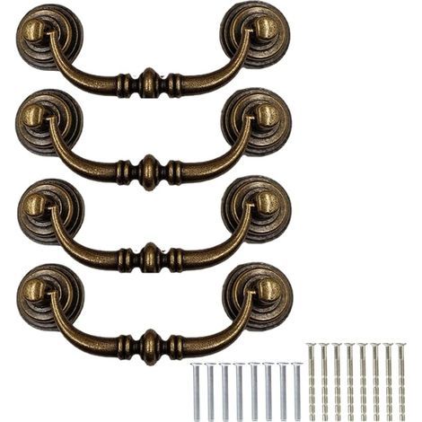 Lot de 4 poignées de tiroir vintage anciennes avec vis, ensemble de poignées universelles de 12,5 cm pour porte d’armoire, chambre, salle de bain, cuisine, placard [laiton] (1/5)