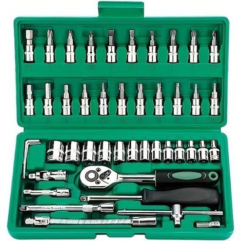 Coffret douilles 1/4 pouce 46PCS, Jeu de Clés à Cliquet et Embouts en Acier Chrome Vanadium, avec Extensions et Clés Allen pour Réparation Automobile (1/5)