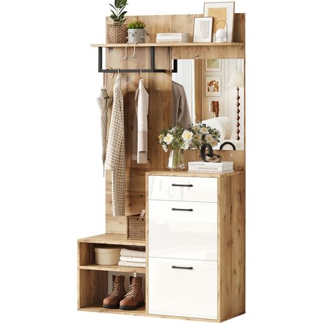Ensemble entrée 100 x 38,5 x 190cm blanc/bois avec armoire, miroir, banc et meuble à chaussures, étagère murale - Grand rangement (1/5)