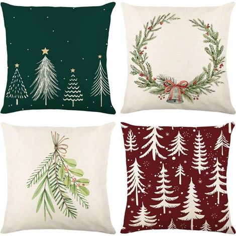 4pcs Housse Coussin Noel 45x45cm, Decoration Noel, avec Motif d'arbre de Noël, Aspect Lin, pour Chambre, Nanapé, Chaise (1/4)