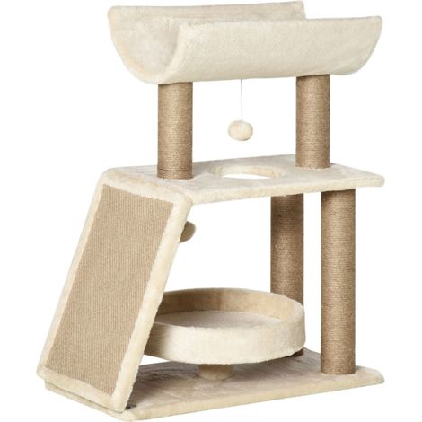 Arbre à chat naturel avec griffoir, jouets et coussin - 60x30x76 cm - Structure stable pour jeux et repos de votre chat (1/5)