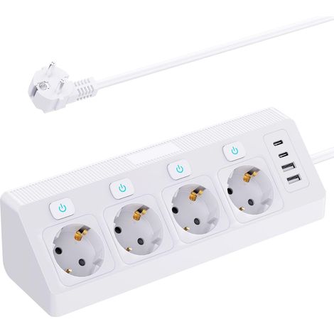 Multiprise d'angle avec USB,Multiprise Electrique Parasurtenseurs 4 Prises Prise d'angle avec Interrupteurs,Protection contre les surtensions,Bloc Multiprises pour la maison et bureau,Câble 2M,Blanc (1/5)