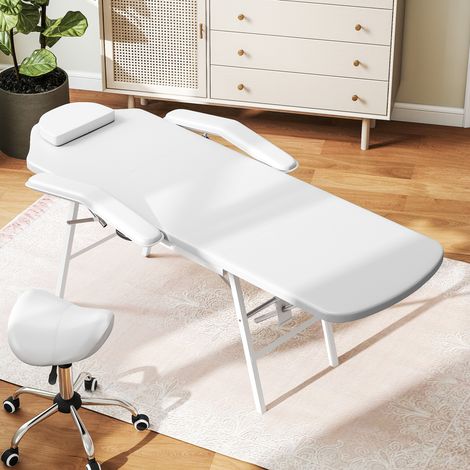 Lettino da massaggio portatile, lettino da massaggio pieghevole con rivestimento in similpelle, imbottitura in schiuma, struttura in acciaio, bianco