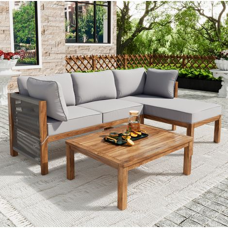 Sofá exterior 3 piezas con mesa acacia y cuerda gris HAVRYA (1/5)