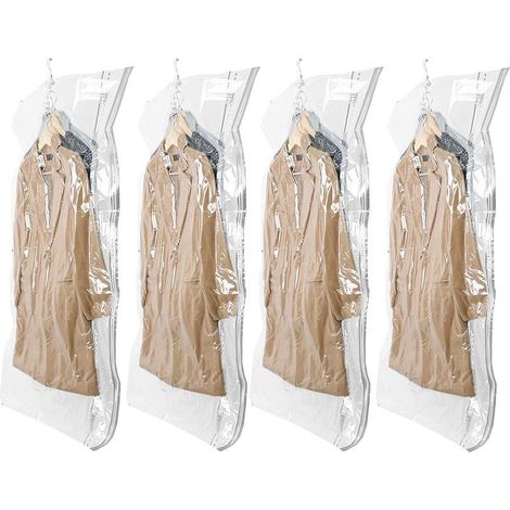 4 Jumbo 70x145cm Sacs de Rangement sous Vide Suspendus pour vêtements,Housse sous Vide pour costumes,manteaux,vestes,Economisez 80% d'espace organisateur de placard Sacs à Vide (1/5)