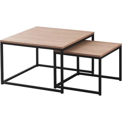 Lot 2 Tables Basses Gigognes BELGRADE Métal Noir Plateau Bois Effet Chêne Griffé 70x70x46 / 50x50x40cm (1/5)
