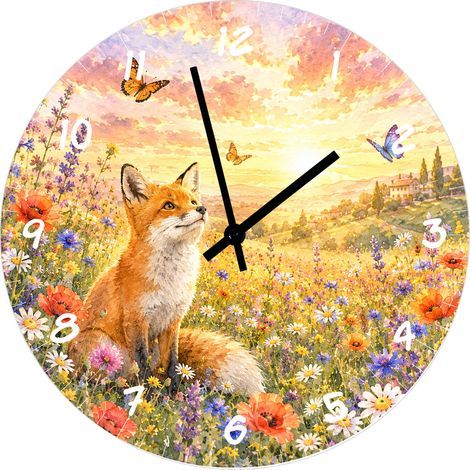 Horloge Murale Verre 29 cm Renard et Prairie Fleurie (1/2)