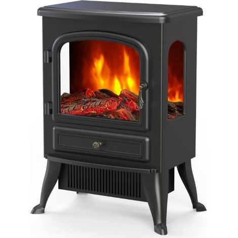Cheminée électrique portable 1500W Poêle électrique sur pied avec 3 faces vitrées Effet flamme multicolore réglable & Thermostat