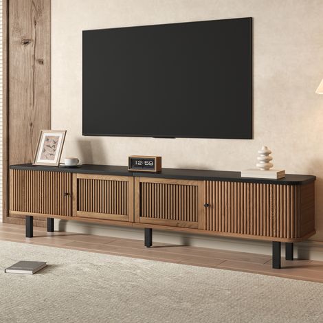 Meuble TV moderne, support TV, panneau TV, meuble TV bas. Deux portes coulissantes, deux portes grillagées, design unique. 190 x 35 x 45 cm (L x l x H) (1/5)