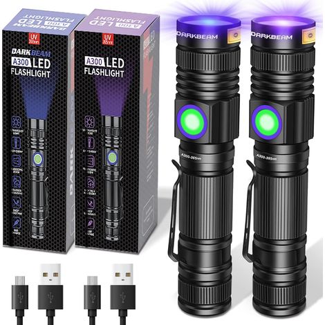 Lampe Torche UV Lamp Lumière Noire 365nm et 395nm rechargeable Lampe de Wood Ultraviolette, Portable Mini LED avec clip, Détecteur d'urine de chat, ambré, verre d'uranium, résine, Lot de 2 (1/5)