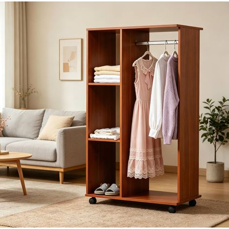Mobile offene Kleiderablage 80 x 40 x 128 cm mit Kleiderstange und 3 Regalen, Nussbaum OKMYHOME (1/5)