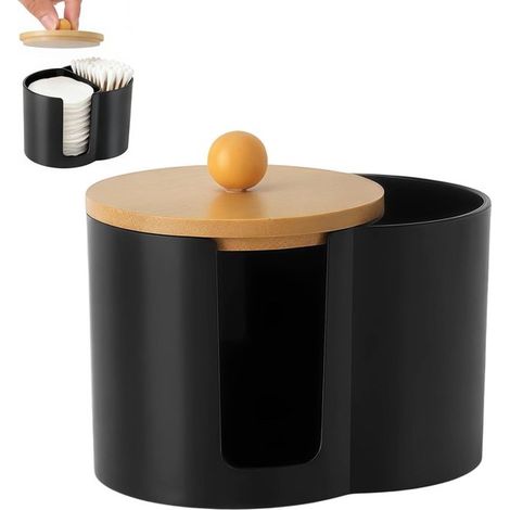 Soporte para bastoncillos de algodón – Caja de almacenamiento – Soporte para discos de algodón – 10 × 7 × 6 cm – Bambú – Negro (1/5)