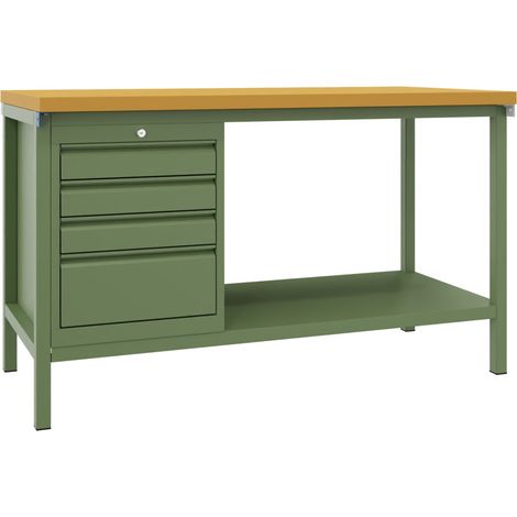 Pavoy Werkbank, 1500x700x900 mm, 1 Schubladenblock, 1 Boden, RAL 6011 (1/2)