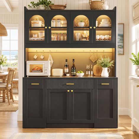 Meuble colonne de cuisine 120 cm avec éclairage LED RGB, 3 vitrines en verre, tiroirs, portes et table de travail, rangements latéraux coulissants, noir, MDF – CHICFURN (1/5)