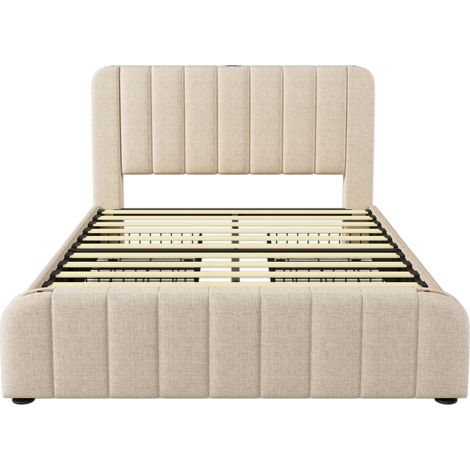Lit double rembourré avec tête de lit capitonnée, bandes décoratives dorées et fonction de charge USB Type-C, 140 x 190 cm, en lin beige avec 4 tiroirs, capacité 181 kg (sans matelas) (1/5)