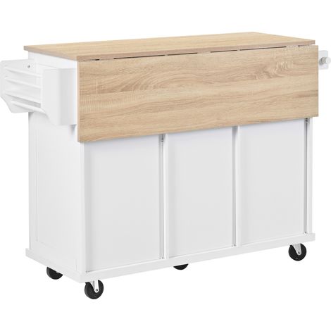 Îlot de cuisine mobile à roulettes, plateau extensible, blanc et bois, MODENUIT (1/5)