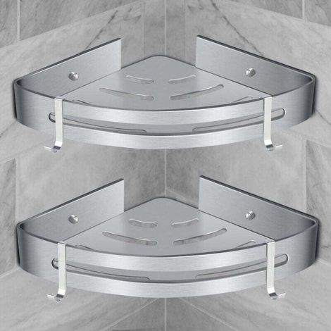 Étagère de douche d'angle en aluminium – Installation sans perçage – Capacité de charge 18 kg – Lot de 2 étagères argentées (1/5)