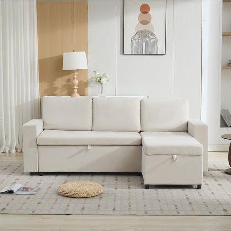 Canapé d'angle 202x136x85 cm avec rangement, méridienne réversible gauche/droite, chenille - beige (1/5)