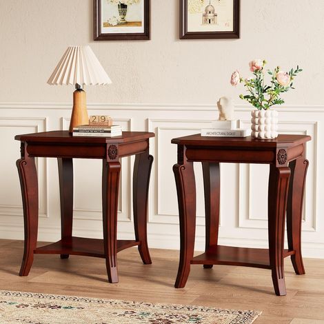 PADMA HOUSE Set of 2 Rectangle Coffee Table for Living Room, Traditional Tea Table with Storage Shelf, Solid Wood Rustic Center Table Walnut, 50  50  60,5 (1/5)