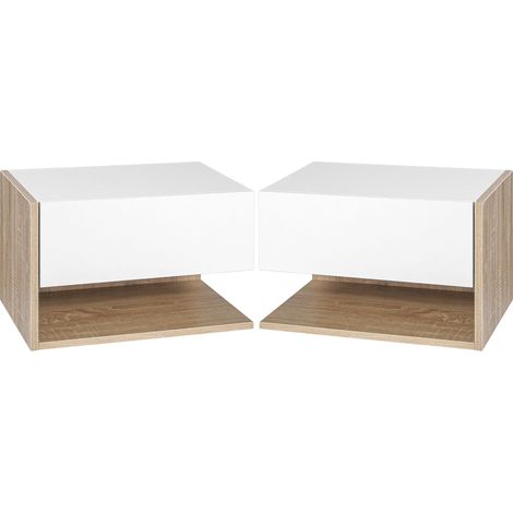 Lot de 2 Tables de Chevet murales - Lot de 2 Tables de Nuit - tiroir Coulissant, étagère, Bicolore Aspect chêne Blanc (1/5)