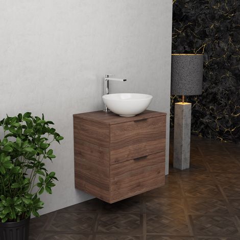 Inda - Badezimmerschrank B.60 mit Aufsatzwaschbecken / Braune Eiche 2 Schubladen - Topazio (1/5)
