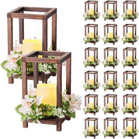 Lanterne de Mariage en Bois, Lot de 20, Lanterne Décorative avec Bougies LED sans Flamme, Couronnes de Fleurs Artificielles, pour Centre de Table de Mariage, Fête, Décoration Intérieur, Marron (1/5)