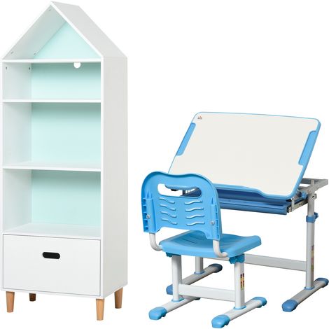 HOMCOM Banco Scuola Bambini 6-12 Anni con Sedia Regolabile e Libreria a Casetta (1/5)