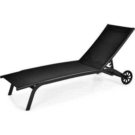 GOPLUS Chaise Longue Bain de Soleil Dossier Reglable en 6 Positions, Fauteuil Inclinable en Textilene Durable avec Roues,Jusqu’a 150 KG, pour Piscine,Bureau,Terrasse (1 Unite, Noir) (1/5)