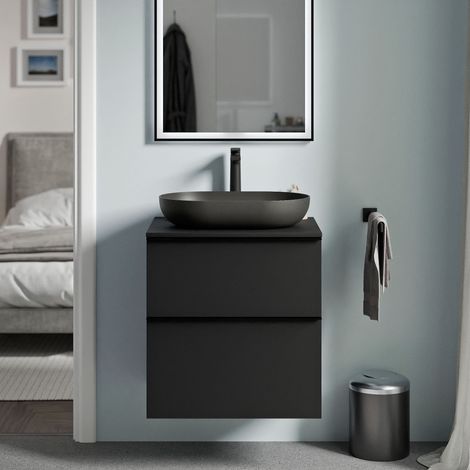 BERNSTEIN - Mueble lavabo suspendido MDF Negro Mate, encimera + tirador Negro Mate 60x46x62cm - LAVOA Negro mate, Negro mate, Negro mate