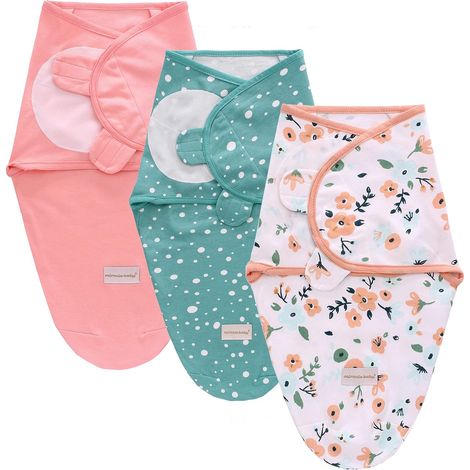 Lot de 3 gigoteuses d'emmaillotage pour bébé de 0-3 à 3-6 mois - Gigoteuse d'emmaillotage pour nouveau-né - Couverture 100 % coton bio (fleur rose, S) (1/5)
