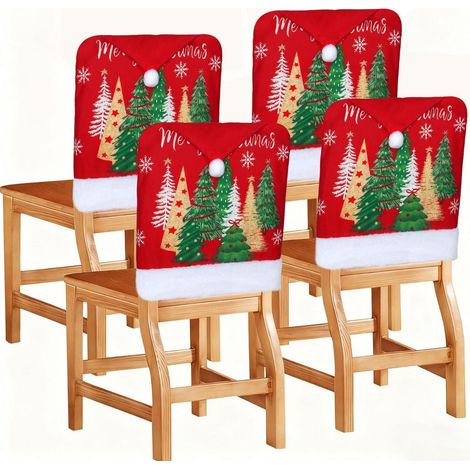 4er Set Weihnachtliche Stuhlhussen mit Weihnachtsbäumen und "Merry Christmas" Schriftzug (1/5)