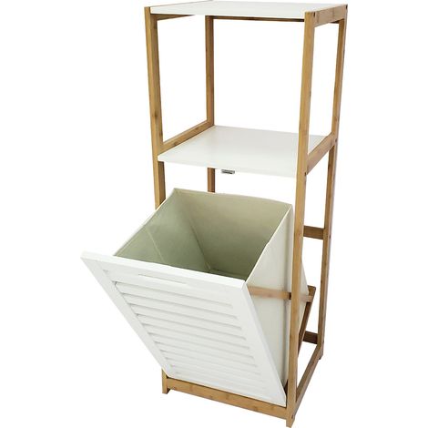 mobile bagno con cesto porta biancheria bianco e legno, 36x33x98 cm (1/5)