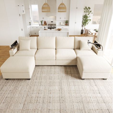 Divano angolare modulare a U letto in velluto a coste (panno) beige con USB, supporto per telefono e vano portaoggetti (1/5)