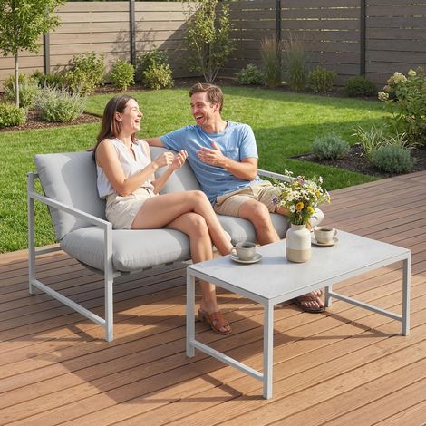 Salon de jardin Gris extérieur 2 pièces : canapé avec coussins table basse en verre trempé marbré 3D clair 125x80x64 cm