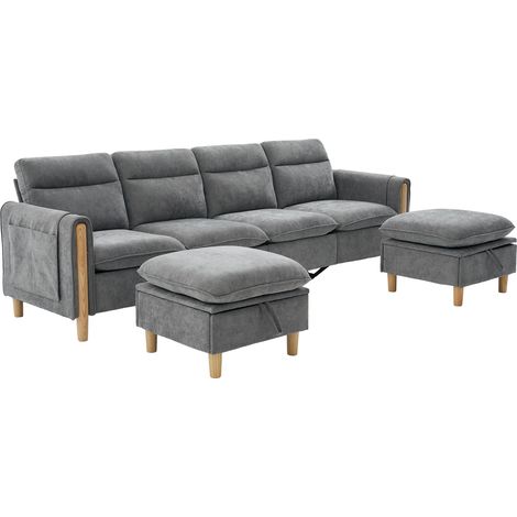 Sofá modular de 4 plazas con otomanas con almacenaje, reposabrazos de madera, chenilla gris claro 261 x 77 x 86 cm (1/5)