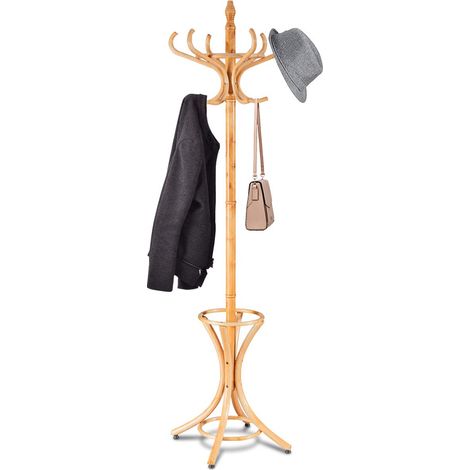 COSTWAY 184cm Garderobenständer mit Schirmständer & 12 Kleiderhaken, Kleiderständer aus Holz, Garderobe Standgarderobe Natur (1/5)