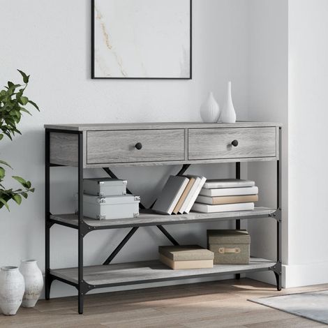 Table console avec tiroirs et étagères-Table d'entrée gris bois d'ingénierie (1/5)