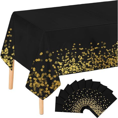 Lot de 10 nappes de table en papier imperméables - Noir et doré - Pour décoration d'anniversaire, mariage - 137 x 274 cm - Noir (1/5)