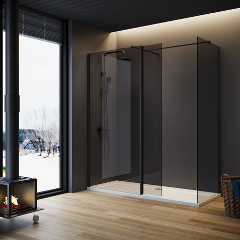ELEGANT Grey Shower Cabin with Side Panel 760x760mm and Black Flipper Panel Walkin Glass Shower Enclosure Include Support Bar + Shower Tray 1200x760mm + Free Waste Trap (1/5)