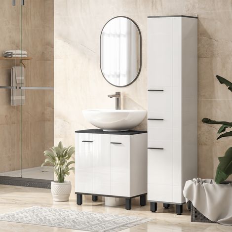 Meuble sous-évier à 2 portes et étagère réglable pour évier avec ou sans colonne, 60 x 34 x 70 cm, blanc brillant (1/5)