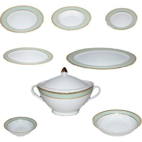 Servizio di piatti in porcellana bianca filo oro verde tazze tè tazzine caffè caffettiera teiera lattiera zuccheriera zuppiera - Set tavola porcellana: Set 6 tazzine caffè con piattini (1/5)