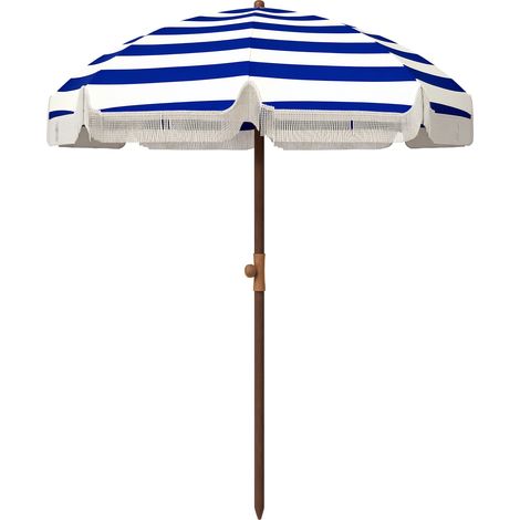 Blau-weißer Sonnenschirm mit Fransen, Ø 190 x 210 cm, UV-Schutz 40+, windfest, wasserdicht, inklusive Tragetasche