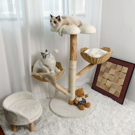Bingopaw Arbre à Chat Beige avec Griffoir en Sisal - Tour de Jeux pour Chat Hauteur 111 cm - Branche en Bois Massif avec 3 Plateformes - Animal domestique